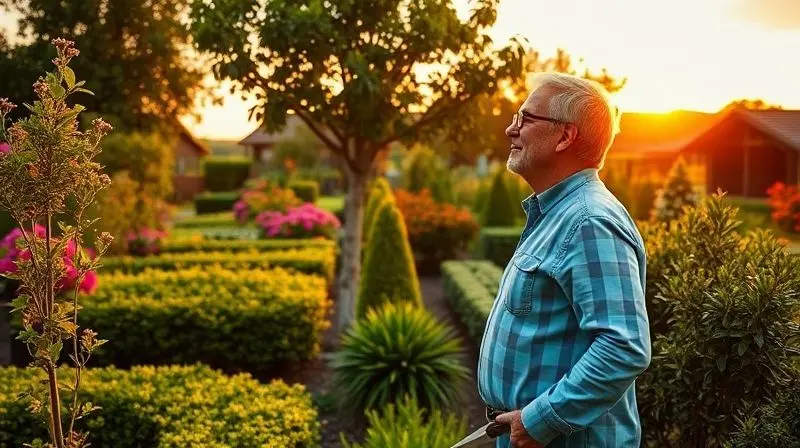 Jardineiro orgulhoso observa seu jardim bem podado ao entardecer, segurando uma tesoura de poda.