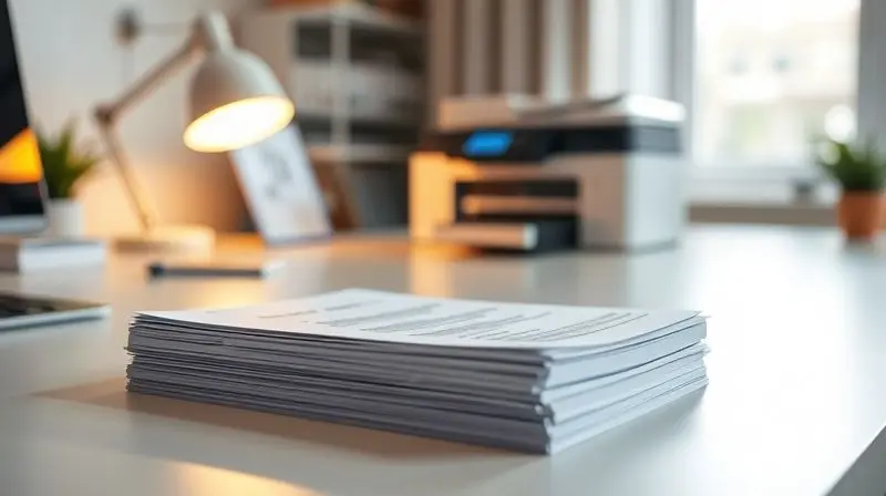 Mesa de escritório organizada com uma pilha de documentos bem impressos em primeiro plano e uma impressora multifuncional ao fundo.