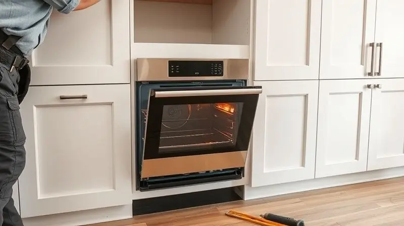 Instalador profissional encaixando um forno de embutir a gás em um nicho de marcenaria em uma cozinha moderna.