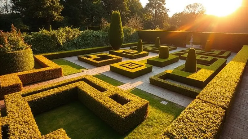Jardim impecavelmente podado com cercas vivas em formas geométricas, iluminado pela luz do pôr do sol, mostrando um resultado profissional.