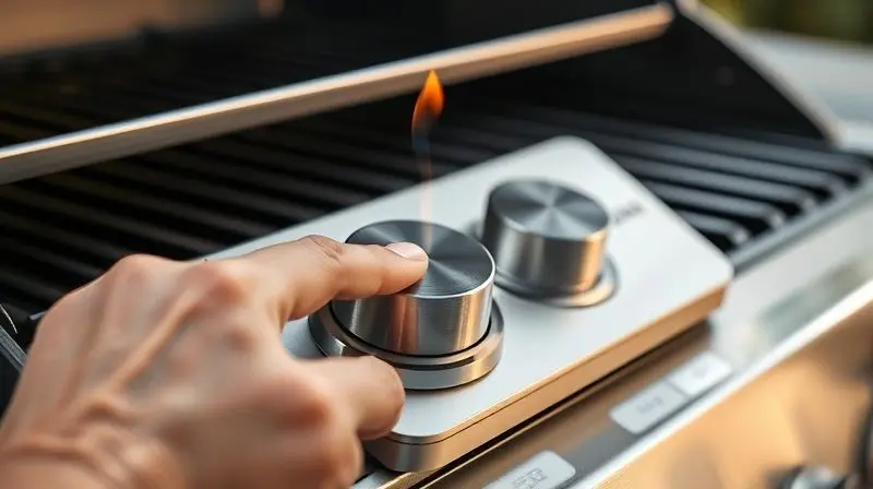 Mão de uma pessoa acionando o botão de acendimento automático de uma churrasqueira a gás, destacando a praticidade e segurança.