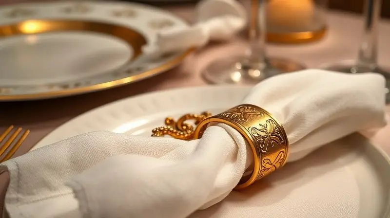 Detalhe de um anel de guardanapo dourado em uma mesa posta para uma ocasião especial, mostrando sofisticação.