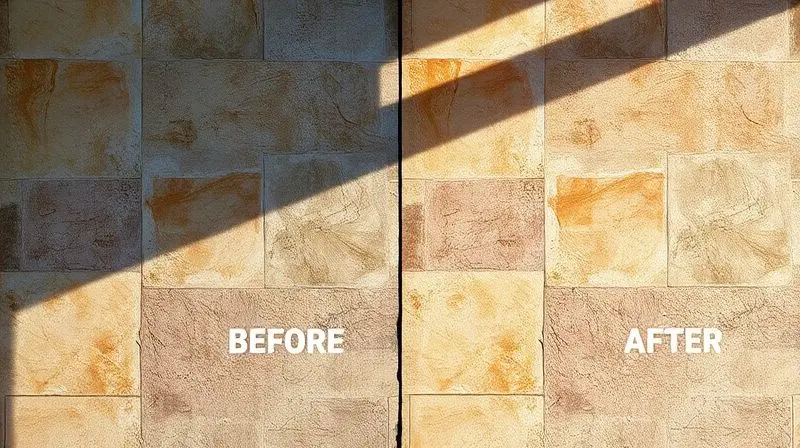 Comparação de antes e depois em um piso de pedra, com um lado sujo e outro perfeitamente limpo, mostrando a eficácia de um limpa pedra.