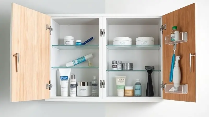 Interior de uma espelheira de banheiro com porta aberta, mostrando prateleiras organizadas com produtos de higiene pessoal.