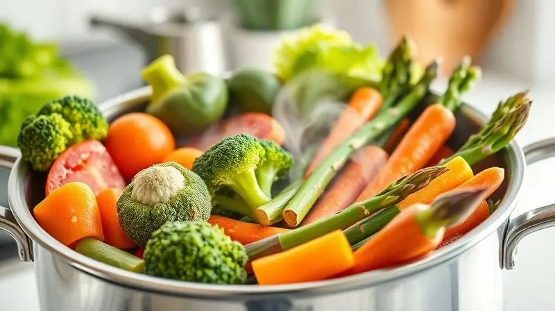 Legumes frescos e coloridos sendo cozidos no vapor dentro de uma panela, com o vapor subindo, ilustrando os benefícios de uma alimentação saudável.