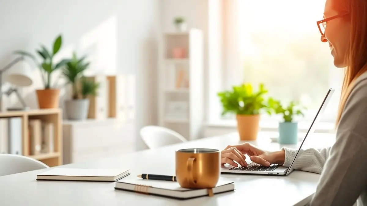 Uma pessoa produtiva trabalhando em um home office moderno e organizado, ilustrando os benefícios do trabalho remoto para a concentração e o bem-estar.