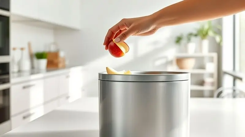 Pessoa avaliando o tamanho de uma lixeira de cozinha ao descartar lixo, demonstrando a importância da capacidade no dia a dia.