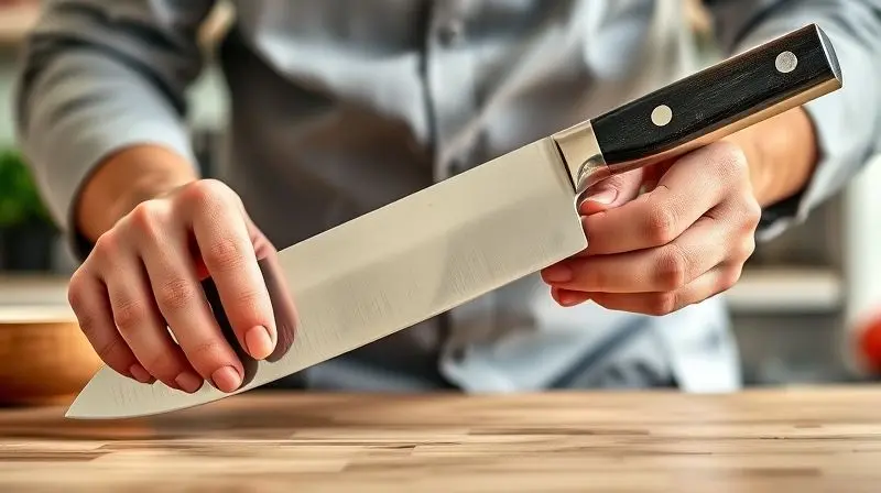 Mãos de uma pessoa analisando cuidadosamente a lâmina e o cabo de uma faca japonesa para sushi, representando o processo de escolha.