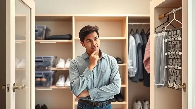 Pessoa indecisa olhando para vários tipos de organizadores de sapatos em um closet, pensando em qual a melhor opção para seu espaço e coleção de calçados.