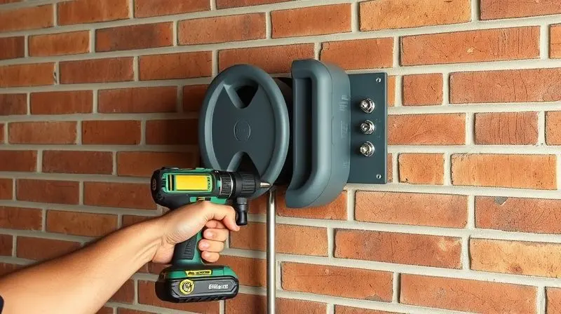 Mãos de uma pessoa utilizando uma furadeira para instalar um enrolador de mangueira em uma parede de tijolos, mostrando o processo de montagem.