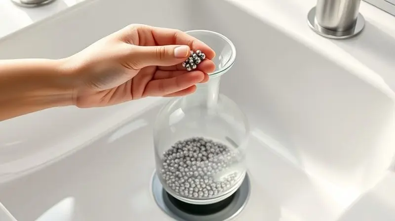 Mãos de uma pessoa colocando esferas de limpeza de aço inox dentro de um decanter para demonstrar um método de limpeza eficaz e seguro.