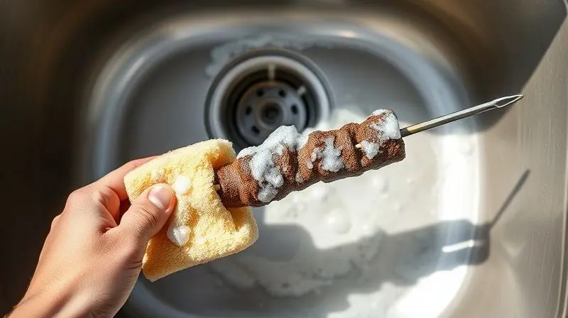 Demonstração da limpeza correta de um espeto de churrasco de aço inox em uma pia, usando uma esponja com sabão.