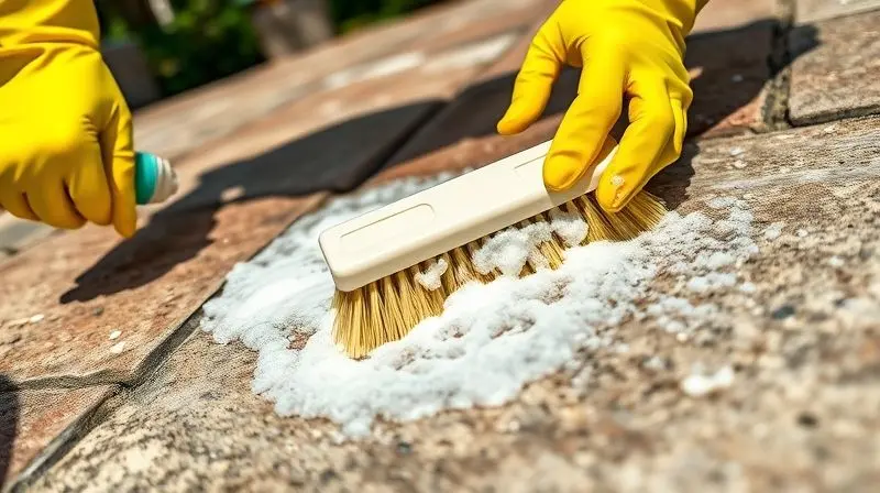 Pessoa com luvas de proteção aplicando limpa pedra com uma escova em um piso de pedra externo, demonstrando o modo de uso correto do produto.