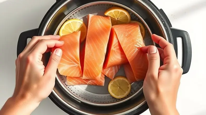 Passo a passo visual de como usar uma panela a vapor, mostrando mãos arrumando filés de salmão e limão no cesto para um cozimento perfeito.