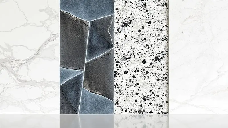 Mosaico com diferentes tipos de pedras, como mármore e granito, ilustrando a importância de escolher um limpa pedra compatível com cada superfície.