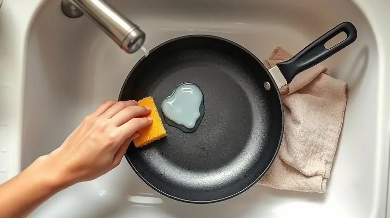 Pessoa limpando cuidadosamente uma frigideira antiaderente com uma esponja macia para garantir sua conservação e durabilidade.