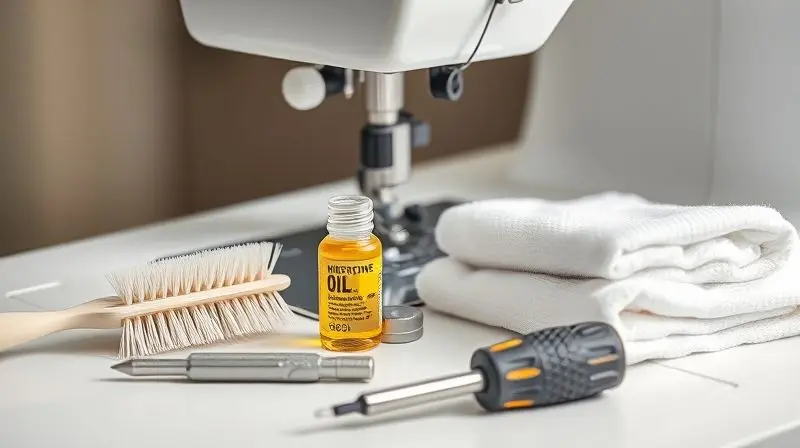 Kit de manutenção para máquina de bordar, com óleo, pincel de limpeza e pano, simbolizando os cuidados necessários com o equipamento para garantir sua longevidade.