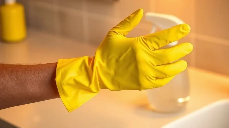 Pessoa colocando luvas de borracha para usar um limpador multiuso com segurança, seguindo as orientações de uso.