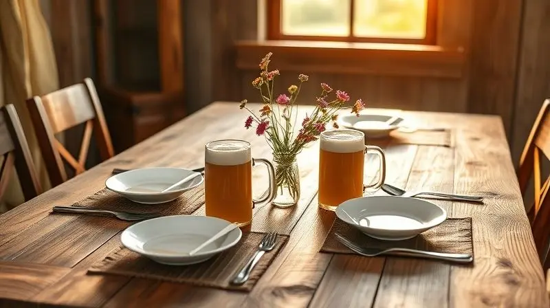 Mesa de jantar decorada de forma rústica, utilizando canecas de chopp de cerâmica como parte da composição e decoração.