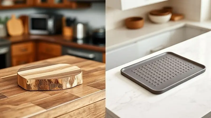 Comparativo visual lado a lado entre um descanso de panela de madeira em uma cozinha rústica e um de silicone em uma cozinha moderna.