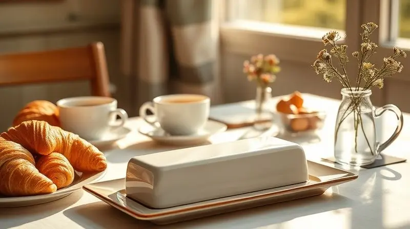 Manteigueira com design elegante compondo uma mesa de café da manhã bonita e bem arrumada, com croissants e café.