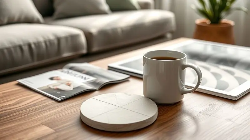 Porta-copos com design geométrico moderno em uma mesa de centro de sala de estar, compondo a decoração com uma xícara de café e uma revista.
