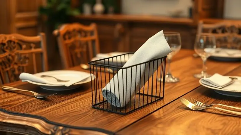 Porta-guardanapos de metal preto decorando uma mesa de jantar de madeira em estilo rústico para combinar com o estilo.