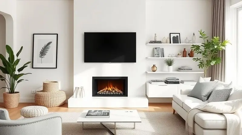 Lareira ecológica branca com design minimalista perfeitamente integrada à decoração de uma sala de estar com estilo escandinavo.