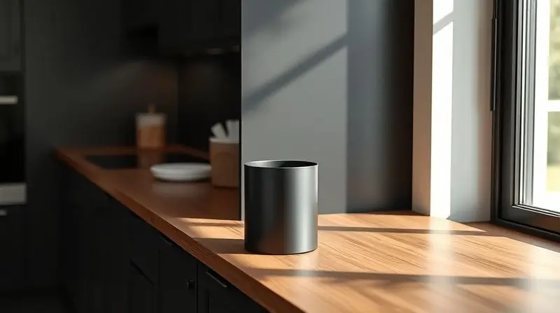 Lixeira de cozinha preta com design moderno integrada harmoniosamente à decoração de uma cozinha contemporânea e elegante.