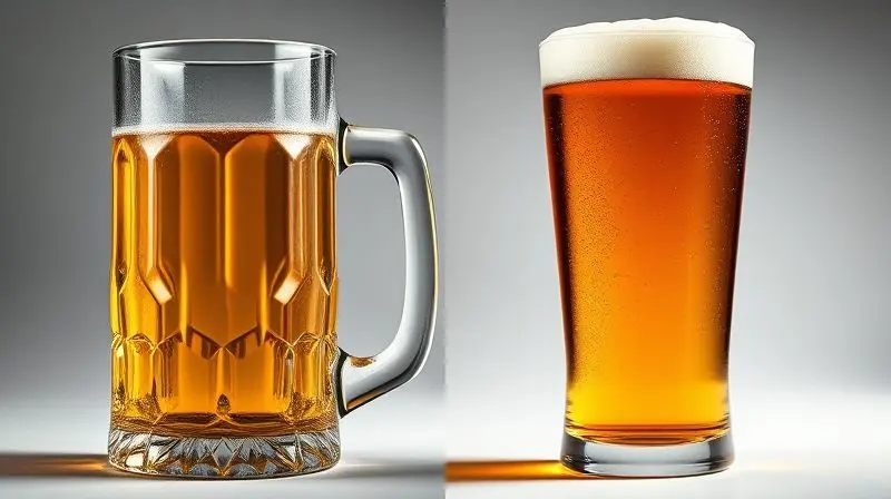 Comparativo visual entre uma caneca de chopp robusta com alça e um copo de cerveja comum, destacando as diferenças de design e espessura.