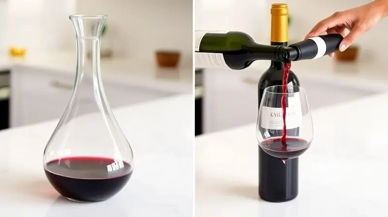 Comparativo visual entre um decanter de vinho à esquerda e um aerador de vinho sendo usado à direita para ilustrar a diferença entre os dois acessórios.