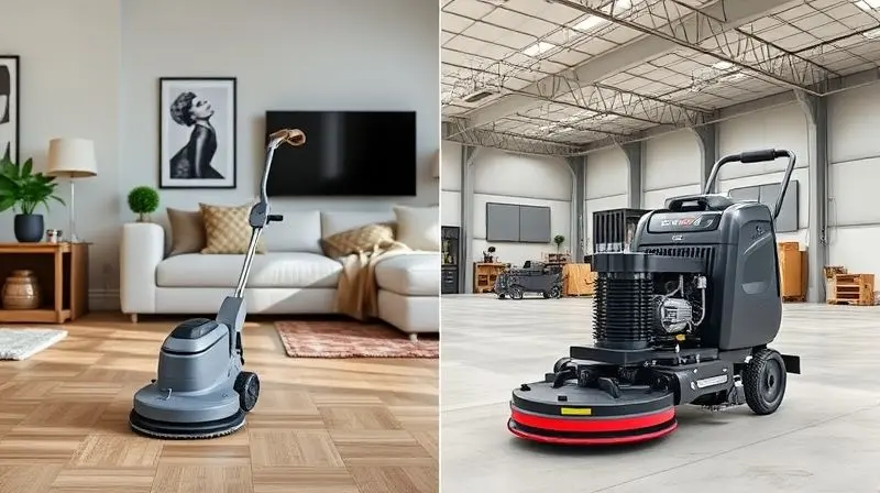 Comparativo visual lado a lado entre uma enceradeira doméstica pequena e uma enceradeira industrial robusta em seus respectivos ambientes.