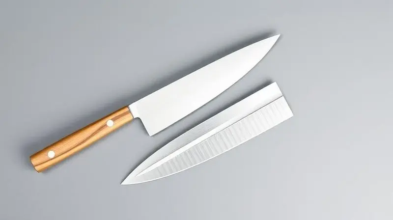 Comparativo visual entre uma faca Yanagiba, longa e fina, e uma faca Santoku, mais larga, mostrando a diferença em seus formatos.