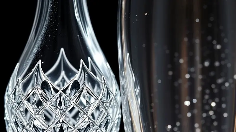 Comparativo em close-up entre um decanter de cristal, que brilha intensamente, e um de vidro, evidenciando a superioridade do cristal em claridade e brilho.