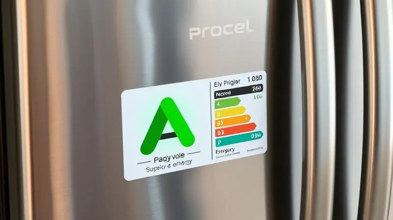 Selo de eficiência energética com a classificação 'A' em destaque, colado na porta de uma geladeira, simbolizando o baixo consumo de energia.