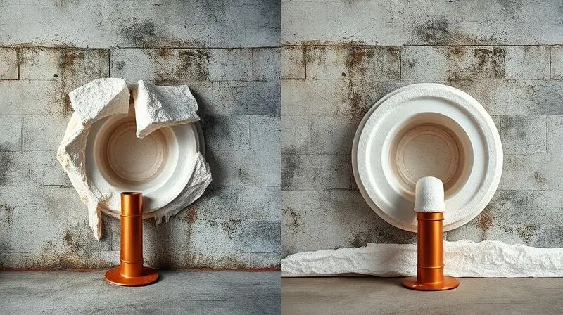 Comparativo de uma aplicação correta e uma incorreta de espuma expansiva, ilustrando erros comuns como excesso de produto e sujeira.