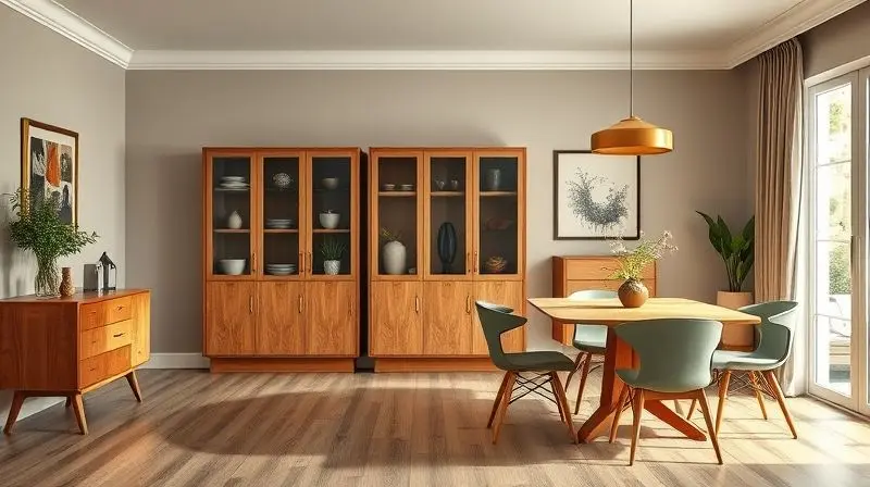 Cristaleira de estilo retrô em uma sala de jantar vintage, mostrando como escolher um estilo que combine com o ambiente.