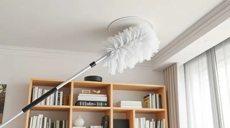 Espanador com haste flexível sendo dobrado para limpar o topo de uma estante de livros, mostrando sua utilidade em áreas de difícil acesso.