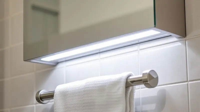 Detalhe de uma espelheira com luz de LED acesa e um toalheiro integrado, destacando as funcionalidades extras do móvel.