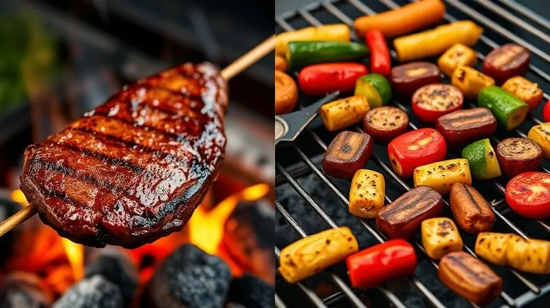 Comparativo visual entre um espeto com carne e uma grelha com vegetais sobre uma churrasqueira, ilustrando as vantagens de cada um.