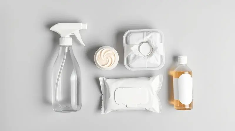 Diferentes formatos de limpadores multiuso: líquido, cremoso, lenço e concentrado, dispostos lado a lado.