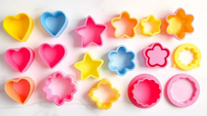 Diversas forminhas de silicone para cupcake em formatos criativos como coração e estrela, vistas de cima sobre uma superfície de mármore.