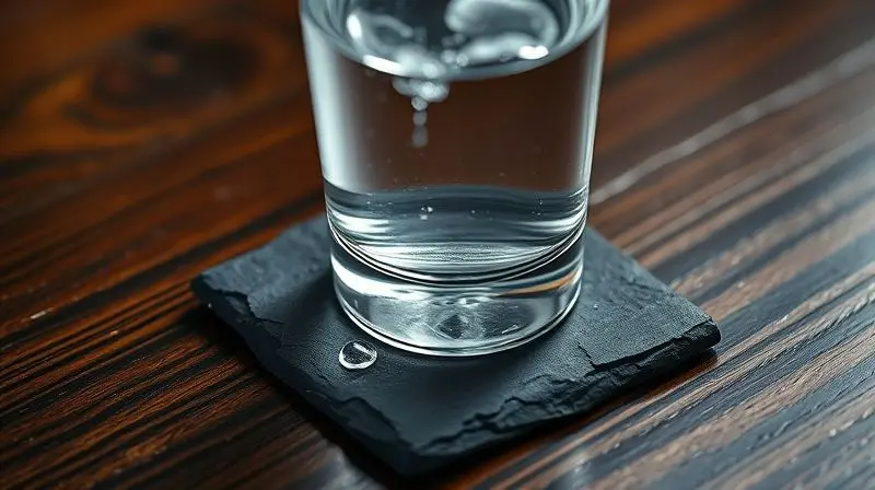 Close-up de um porta-copos de ardósia protegendo uma mesa de madeira de uma marca d'água de um copo gelado com condensação.