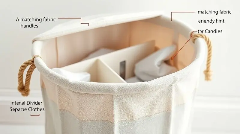 Detalhe de um cesto de roupas com funcionalidades extras: tampa de tecido, alças de corda reforçadas e divisória interna para separar as peças.