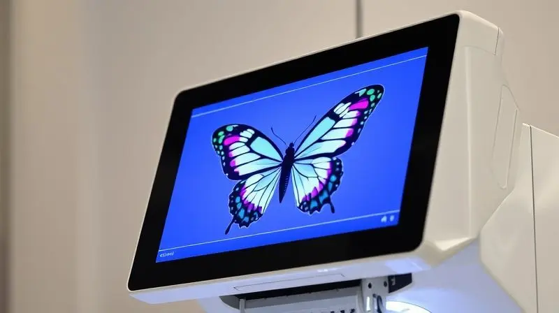 Tela LCD colorida de uma máquina de bordar exibindo a edição de um desenho, demonstrando as funções extras e a facilidade de uso do equipamento.