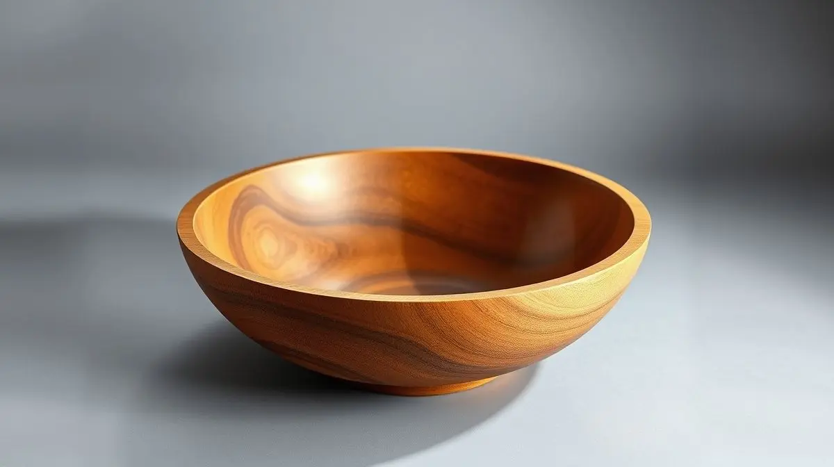 Uma gamela de madeira rústica e elegante, perfeitamente iluminada em fundo neutro, destacando sua textura e design para uso na cozinha ou decoração.