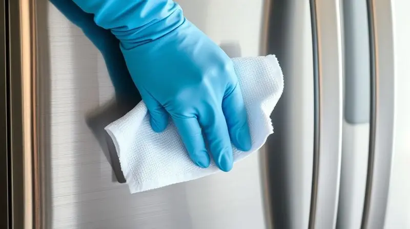 Pessoa realizando a limpeza e higienização do dispenser de gelo e água de uma geladeira com um pano de microfibra para manutenção.