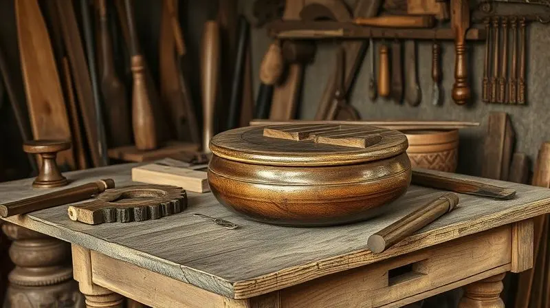 Imagem de estilo antigo de uma oficina de artesão com uma gamela tradicional sobre a bancada, simbolizando a história da peça.