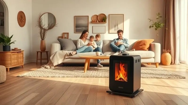 Lareira ecológica portátil aquecendo uma sala de estar ampla, demonstrando sua capacidade de aquecimento e dimensão no ambiente.