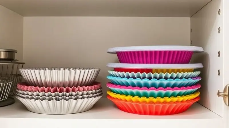 Formas de cupcake de metal e silicone limpas e empilhadas em uma prateleira, ilustrando a forma correta de limpar e conservar os utensílios.